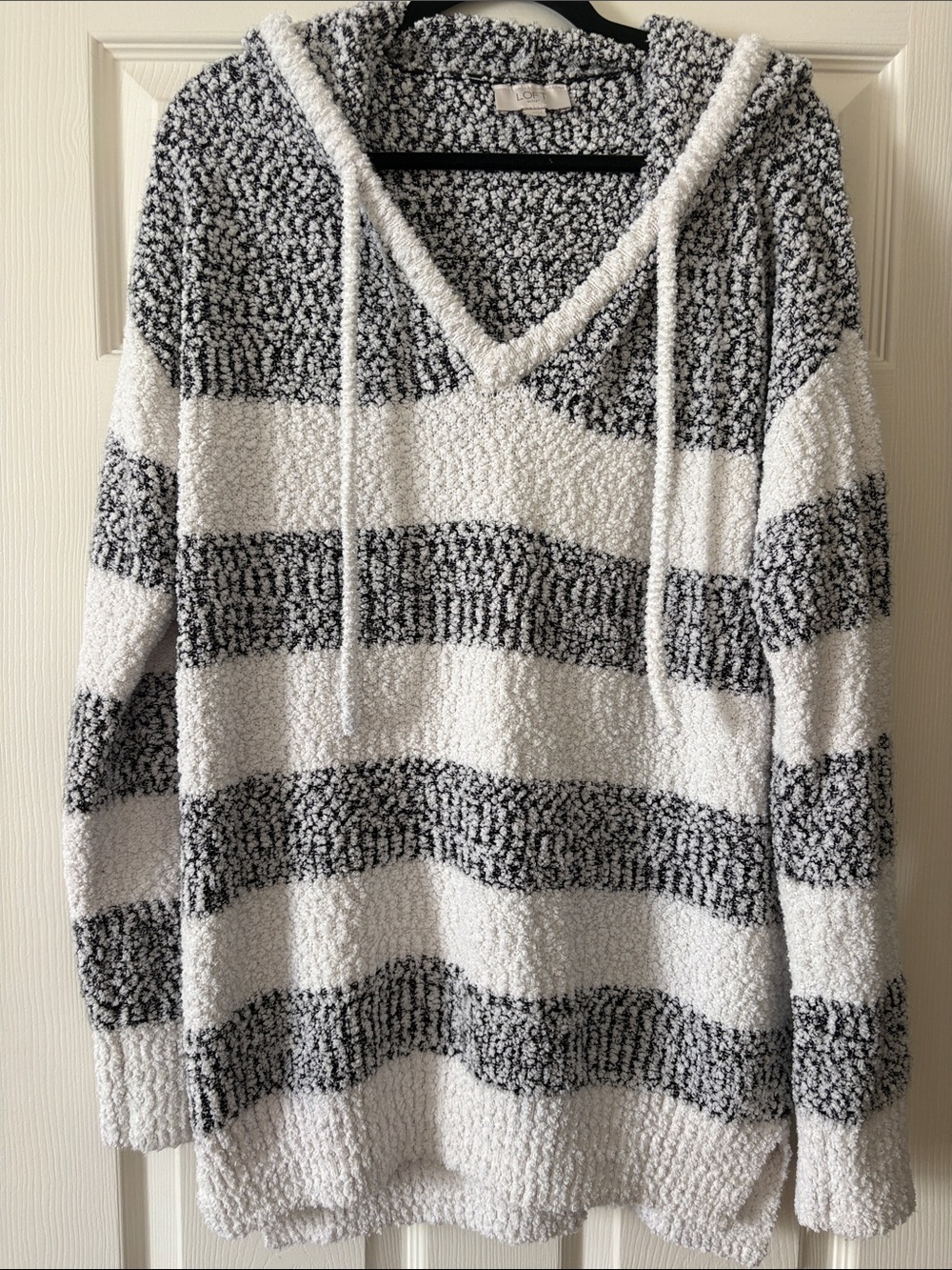 LOFT Striped V-Neck Hoodie Sweater - Black & White